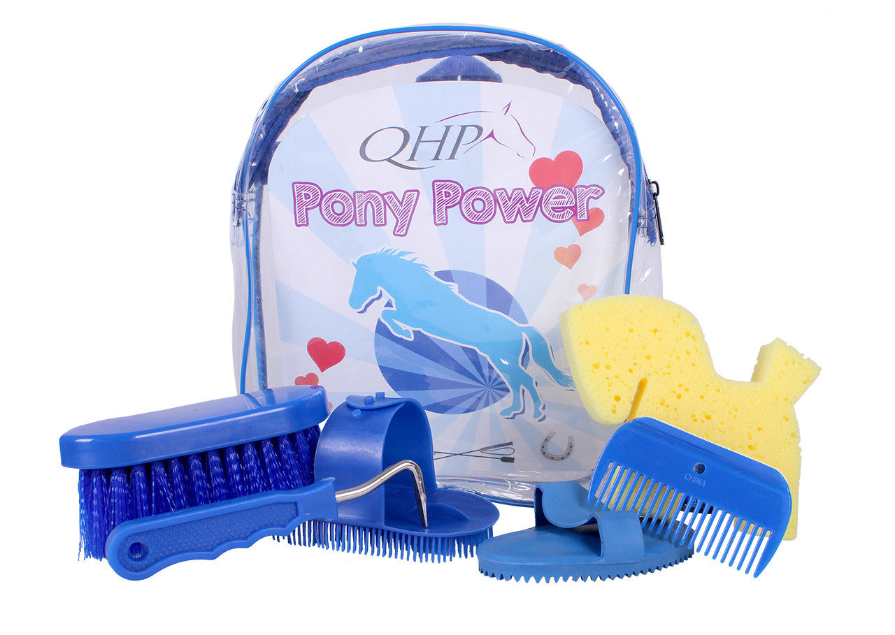 Kids’ pony grooming backpack set - includes blue brushes, combs, hoof pick and horse-shaped sponge with Pony Power bag