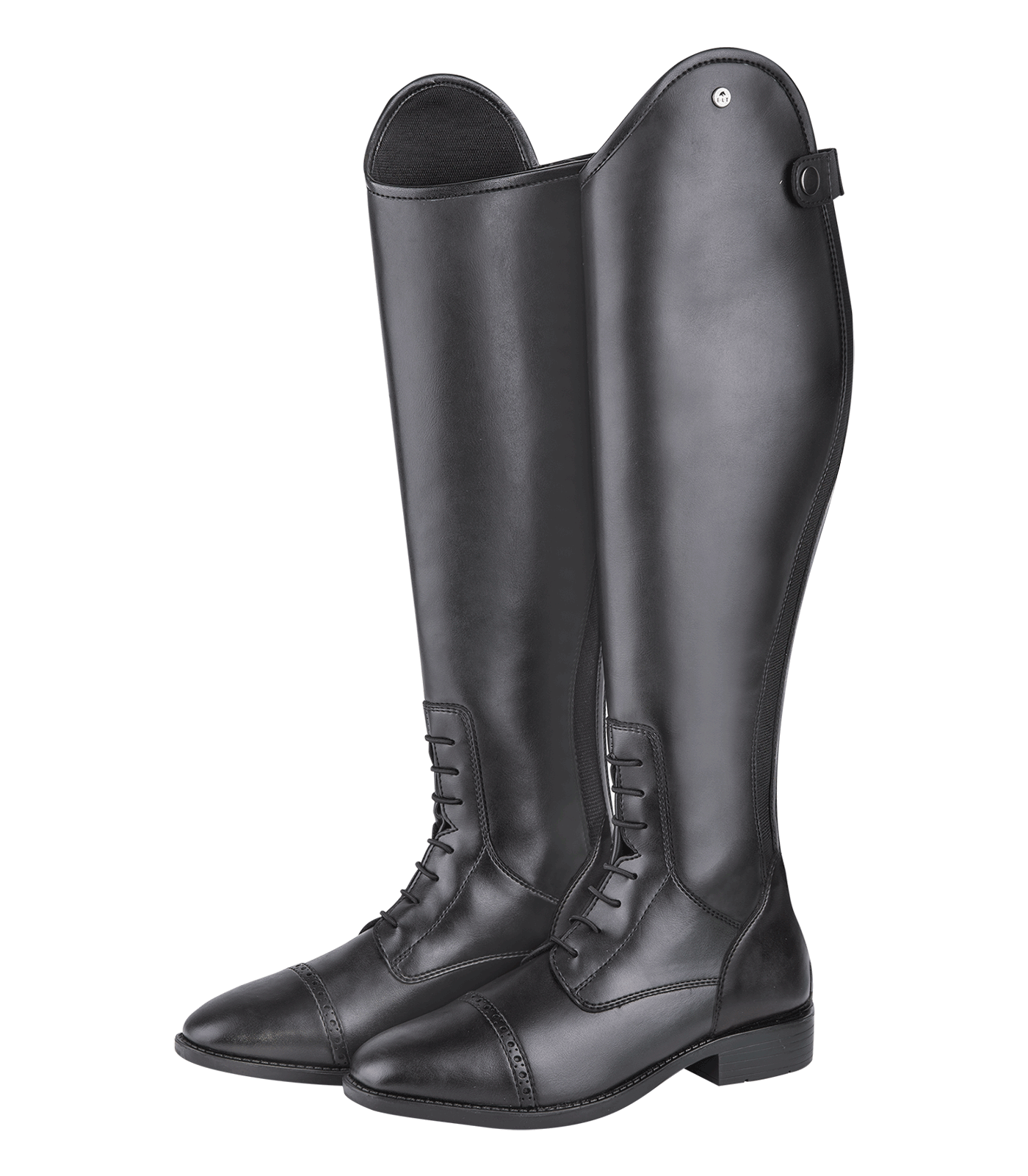 Black tall children’s riding boots with lace detail and smooth leather finish - ideal for competitions or everyday use.