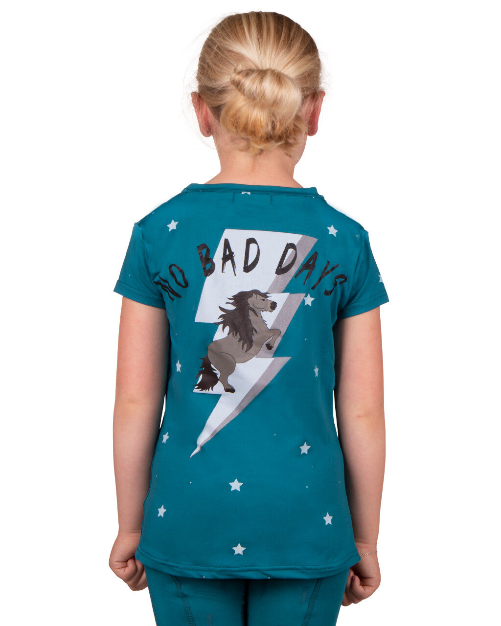 Child wearing a teal pony-themed riding t-shirt with "No Bad Days" and lightning bolt graphic on the back.