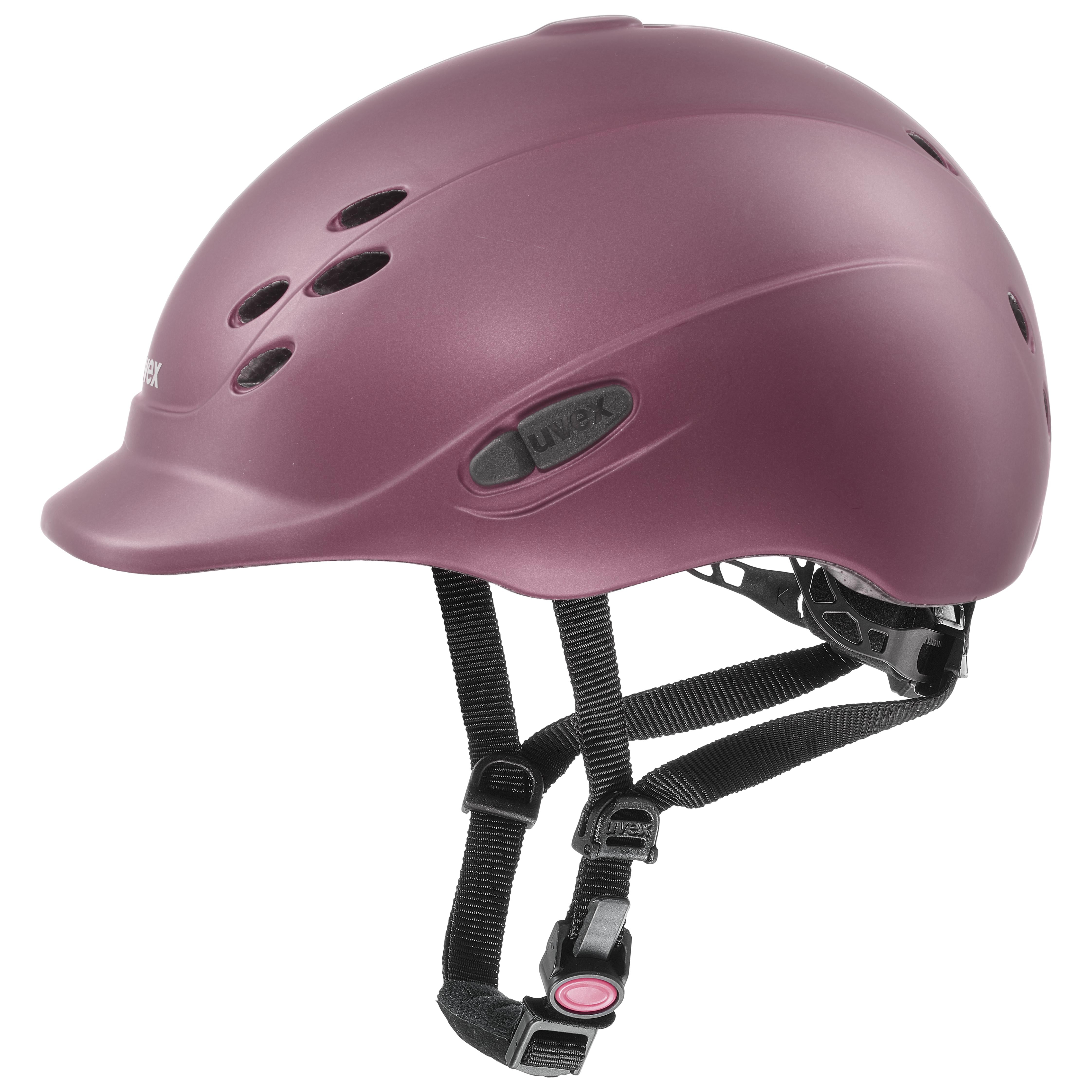 Children’s riding helmet in shiny burgundy with ventilation holes, adjustable chin strap, and Uvex branding.