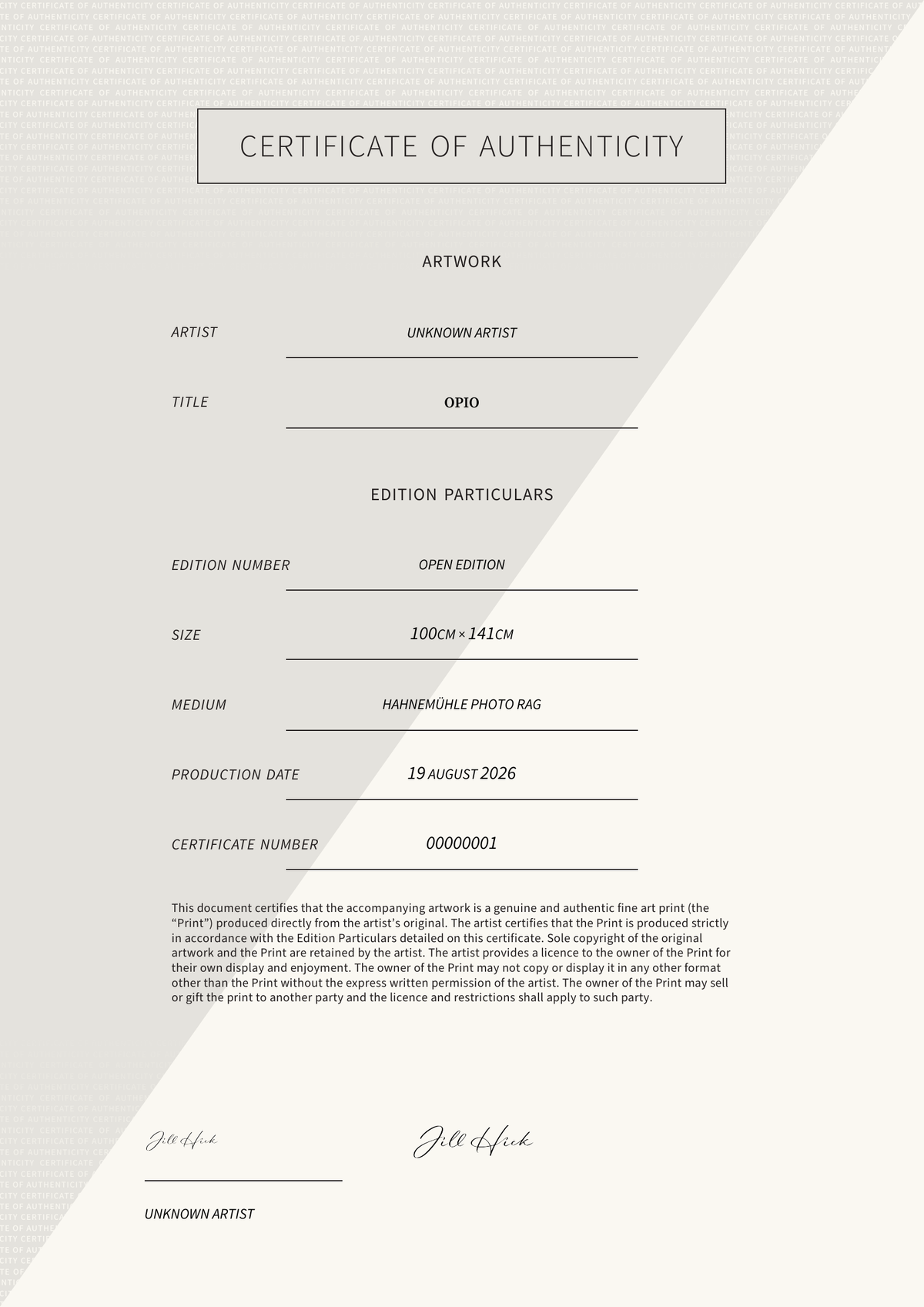 Opio — Certificate of Authenticity